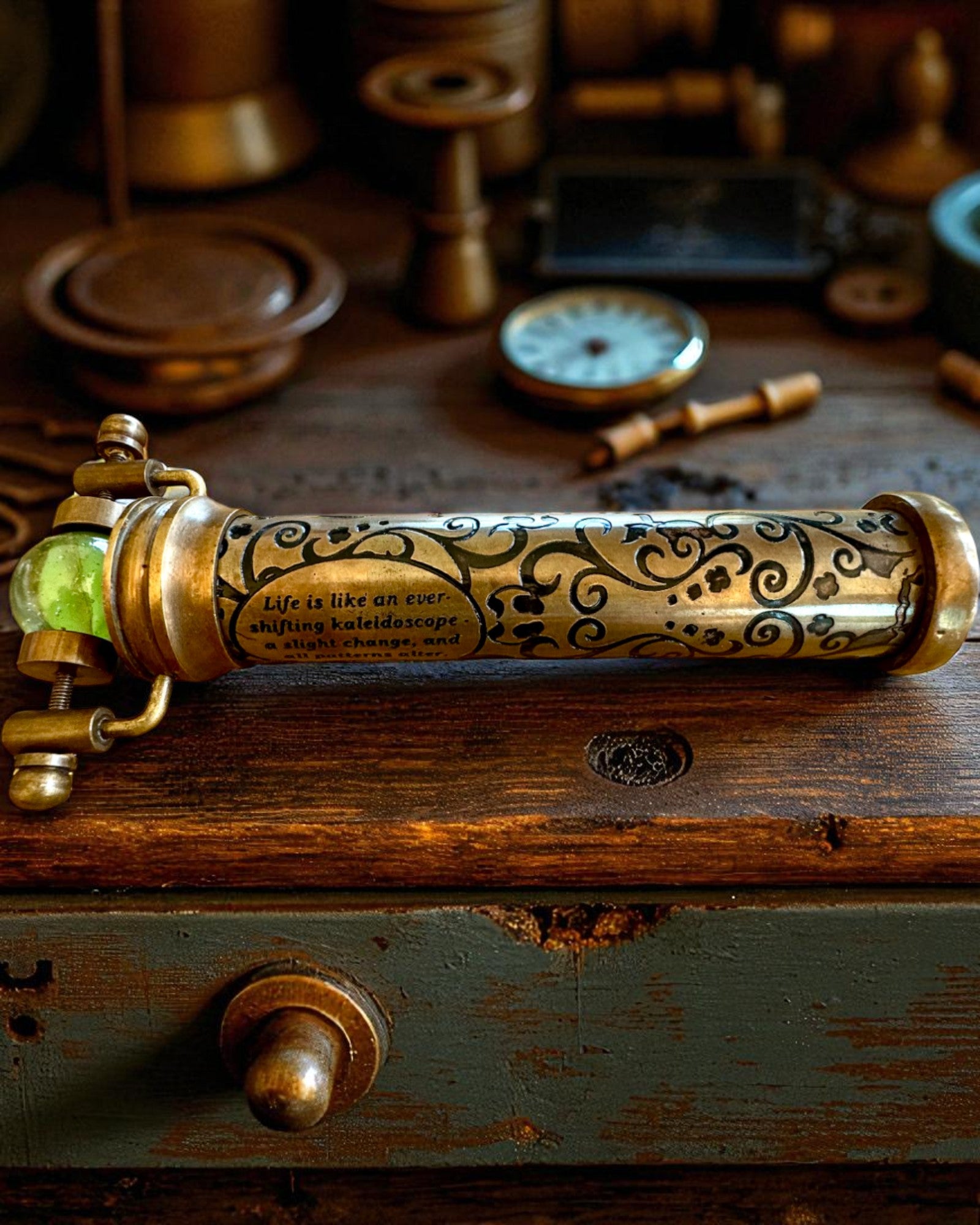 Vintage kaleidoskop “Emerald Dreams”, 15 cm – håndlaget, med mulighet for personlig gravering som gave