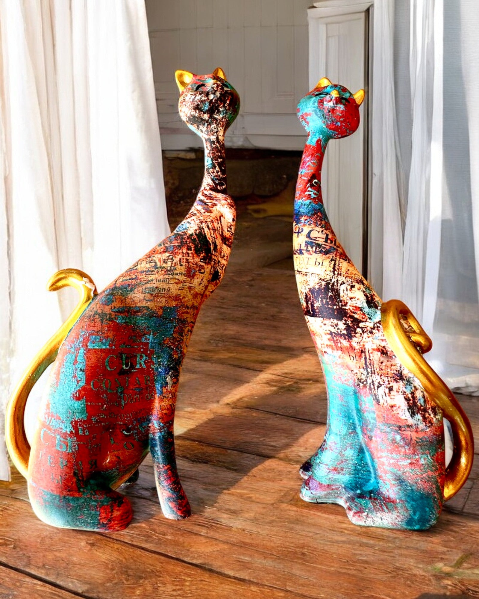 Abstrakte kattefigurer "ArtCats", håndmalt, harpiks – 25 cm, 2 stk.