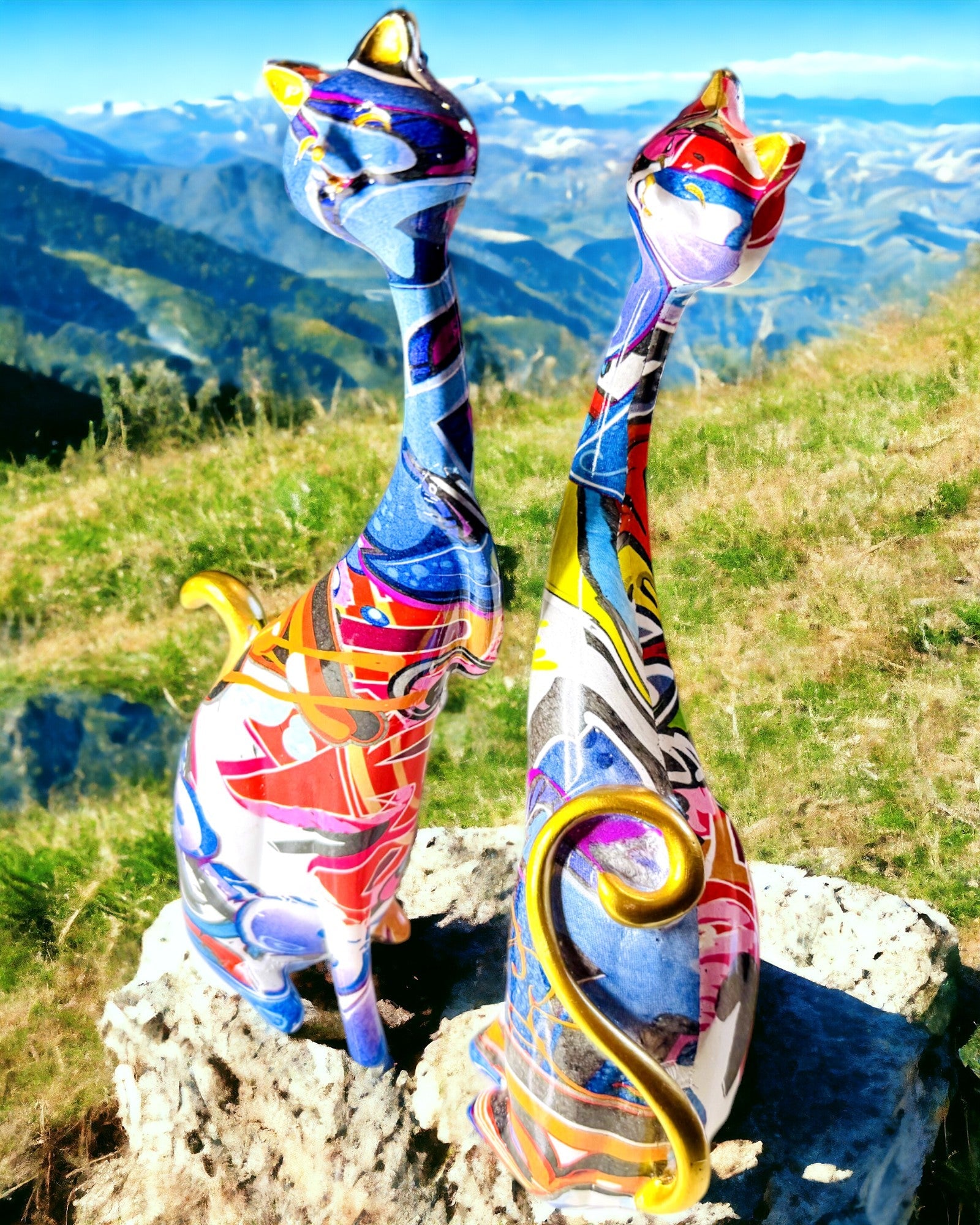 Abstrakte kattefigurer "ArtCats", håndmalt, harpiks – 25 cm, 2 stk.