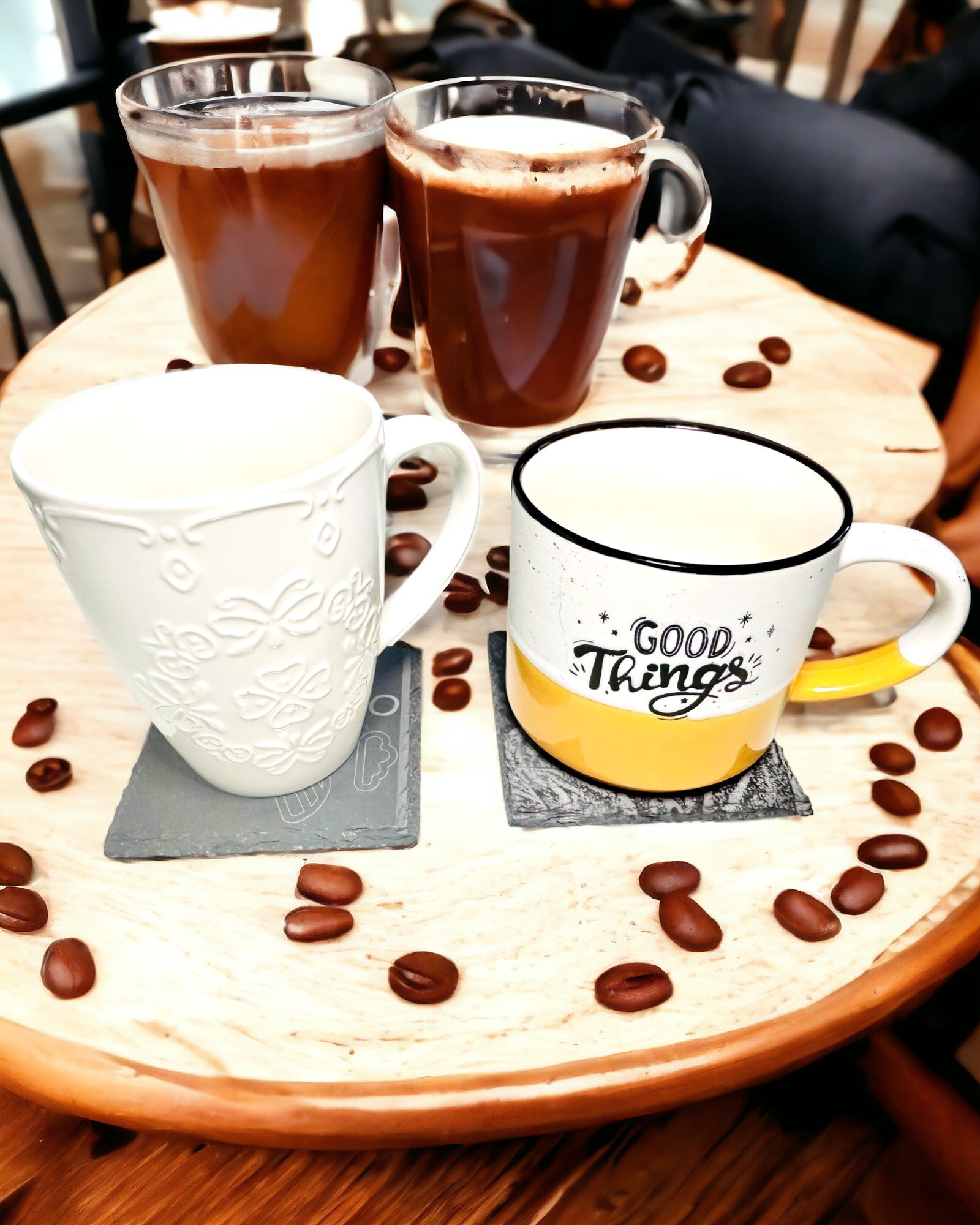 Underlag for kaffe, te av naturlig stein med personlig gravering – Kvadrat, sirkel, sekskant, 10 cm