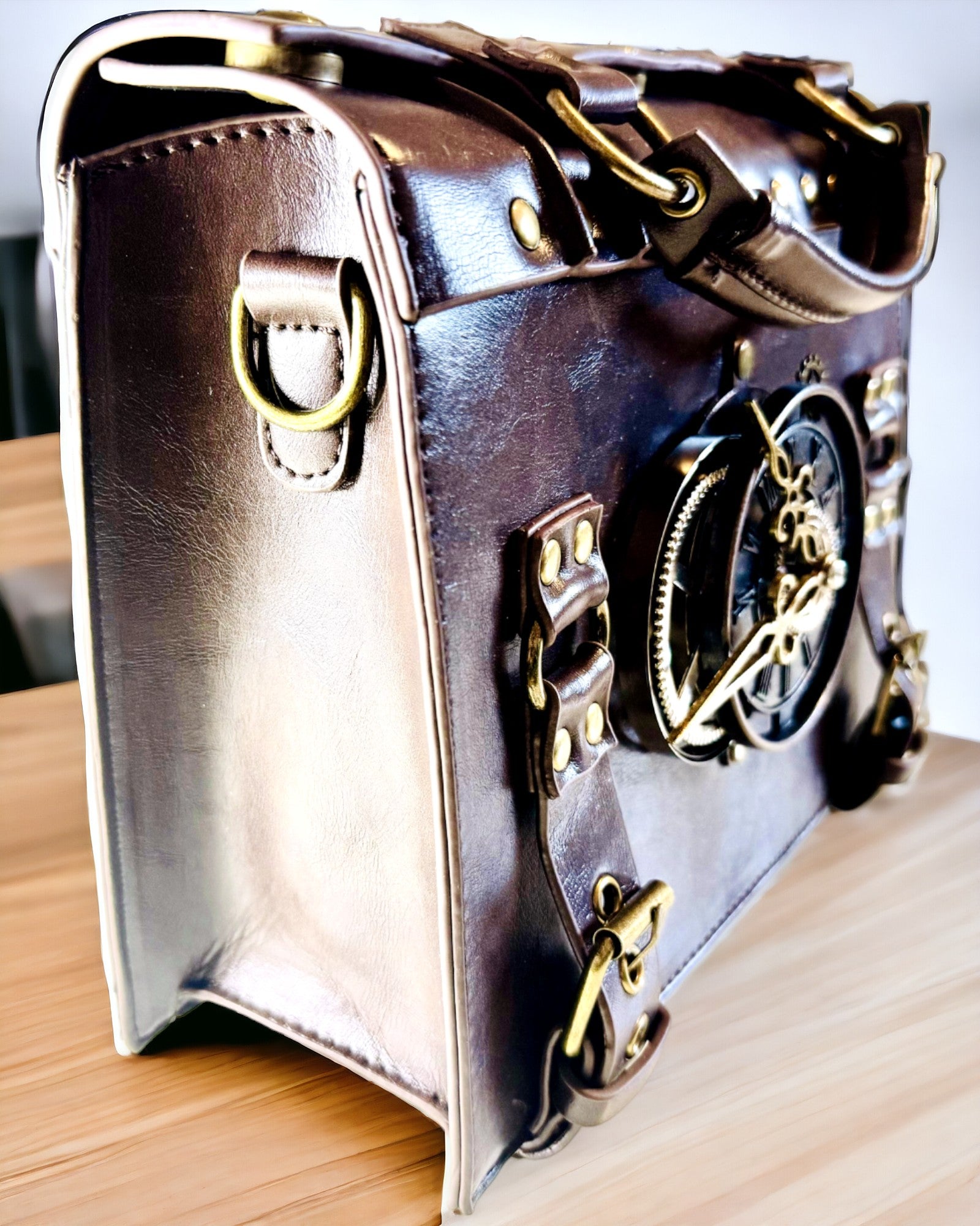 Crossbody-veske med vintage klokkemotiv - Allsidig satchel-veske med PU-skinntekstur