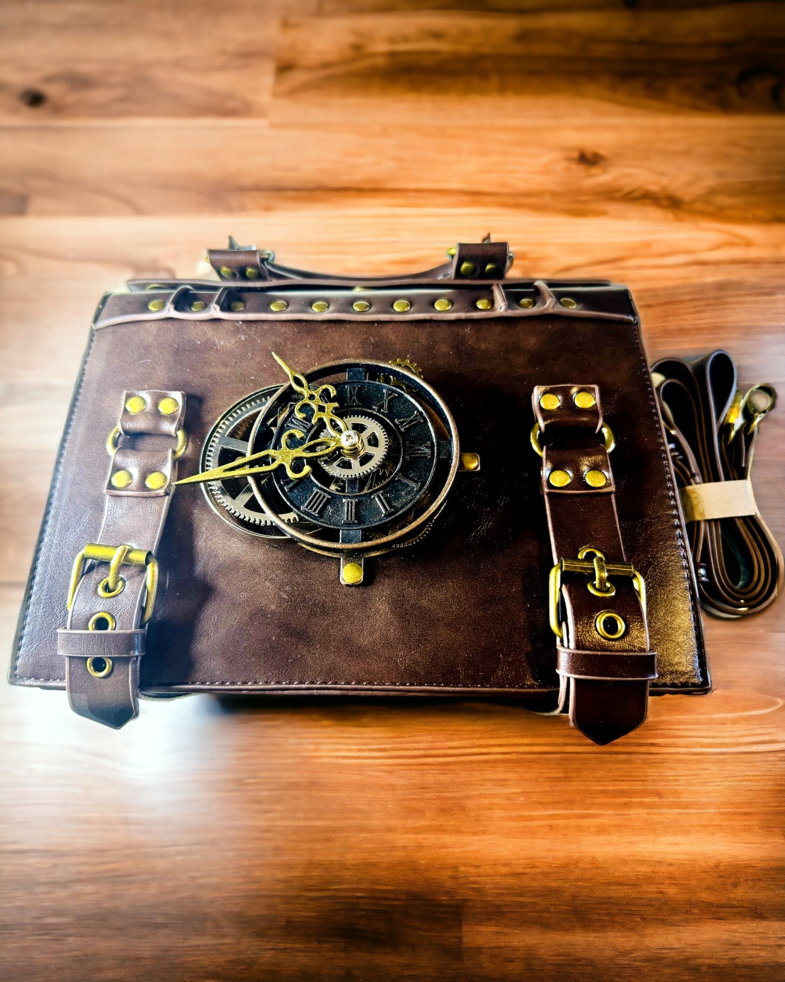 Crossbody-veske med vintage klokkemotiv - Allsidig satchel-veske med PU-skinntekstur