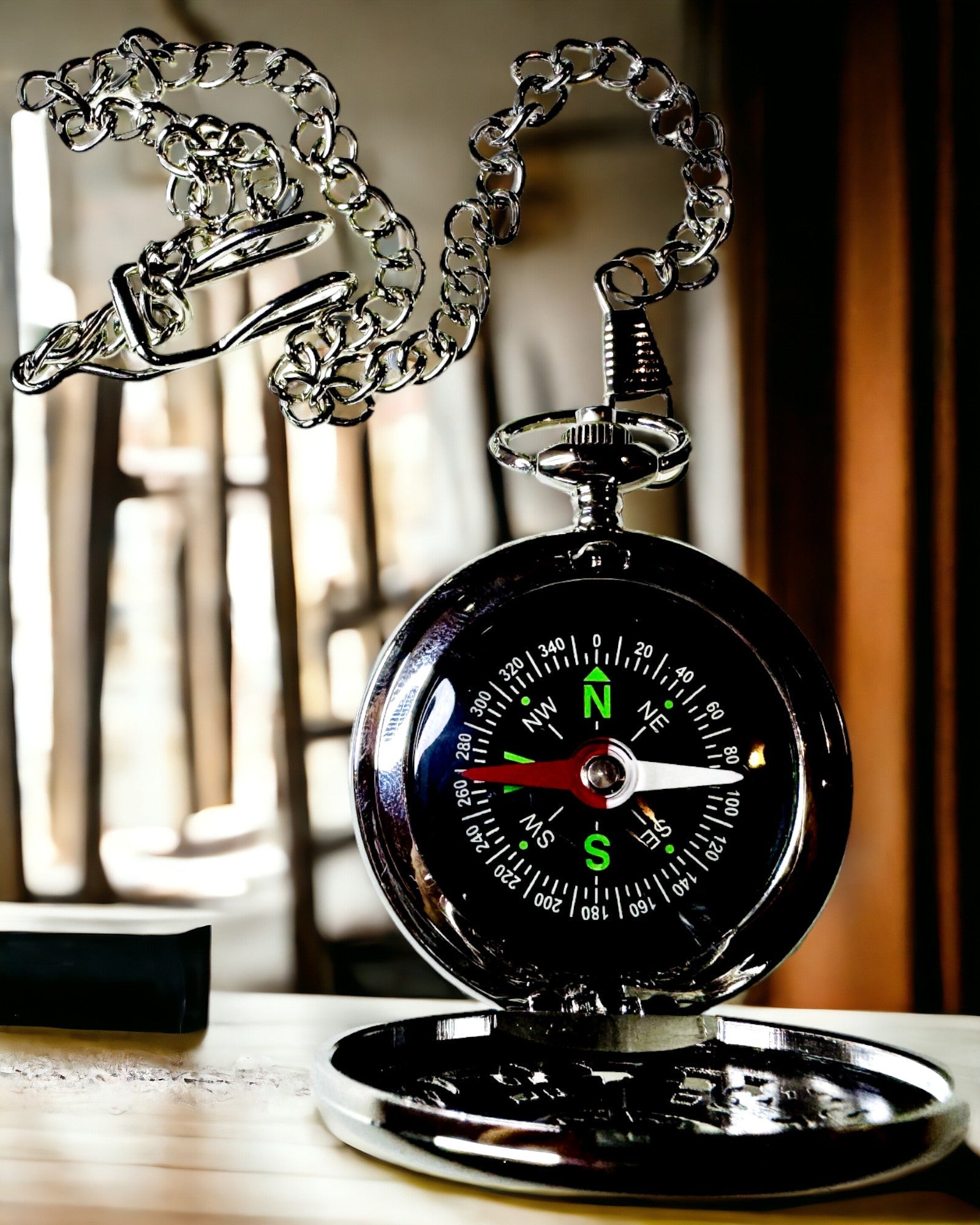 Lomme Kompass Sølvfarget i Retro Stil med Ajourmønster – Elegant og Praktisk. Gravering