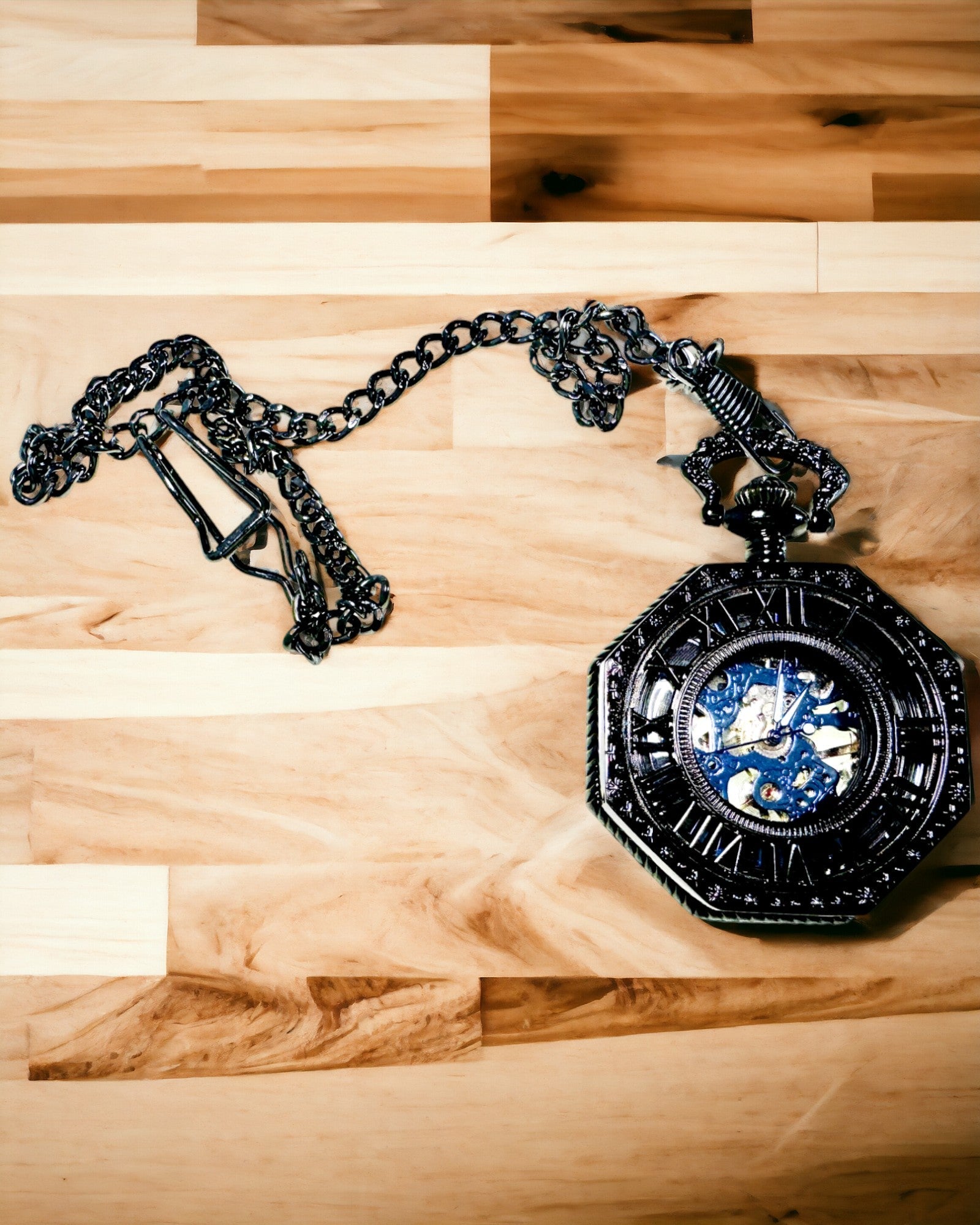 Klassisk Åttekantet Mekanisk Lommeur Steampunk i Svart, Gravering