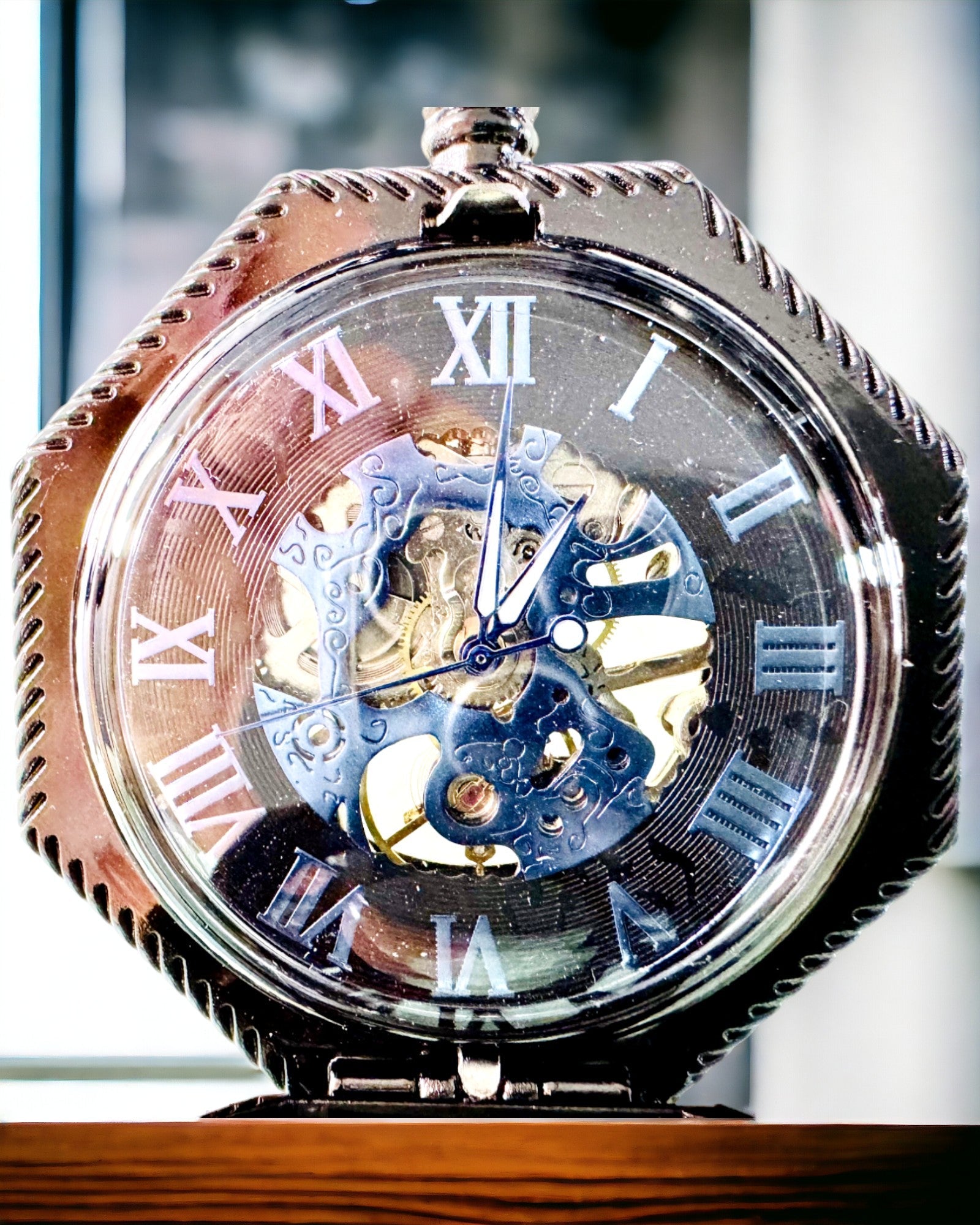 Klassisk Åttekantet Mekanisk Lommeur Steampunk i Svart, Gravering