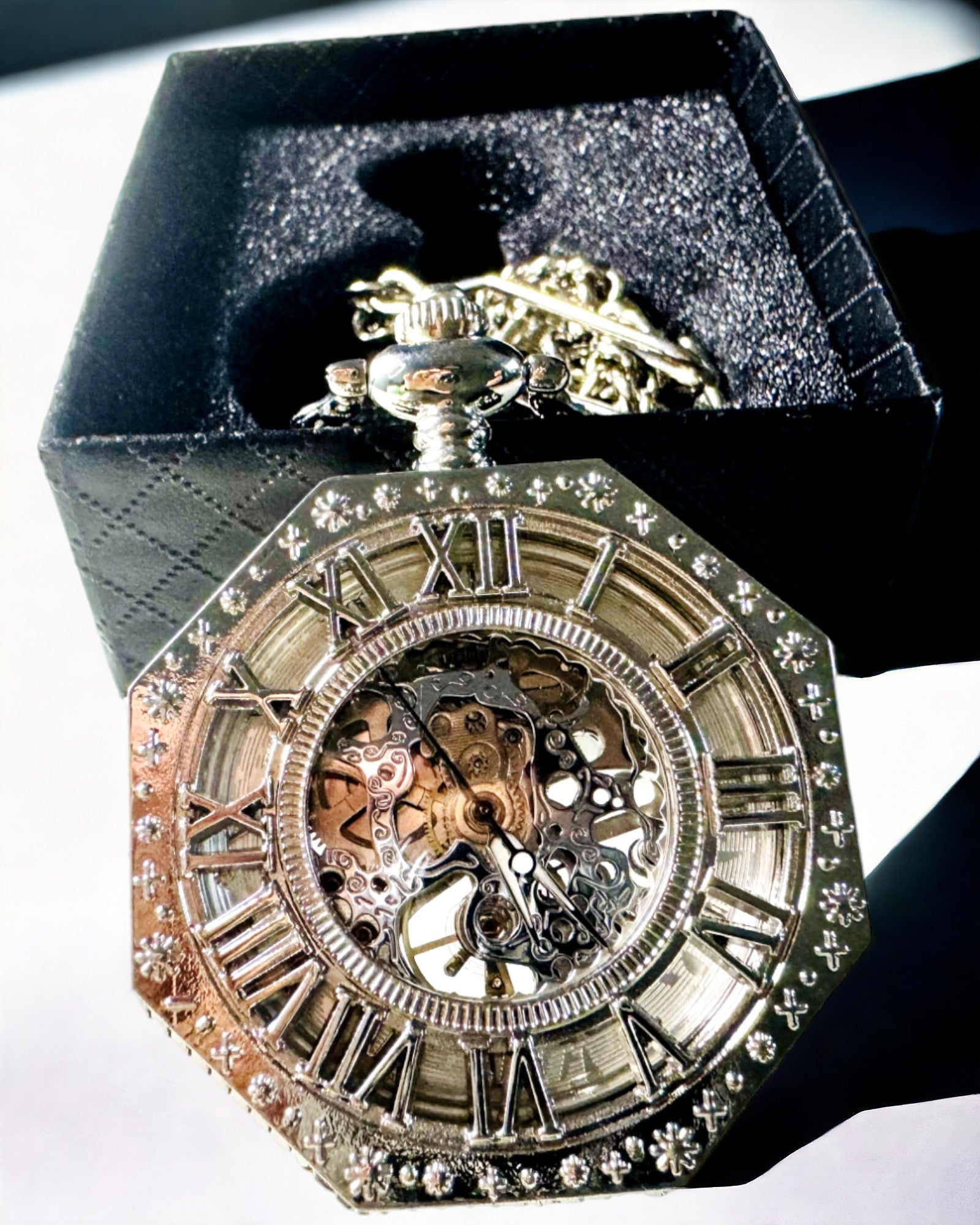 Klassisk i sølvfarge Åttekantet Mekanisk Lommeur med Åpen Urskive i Steampunk-stil