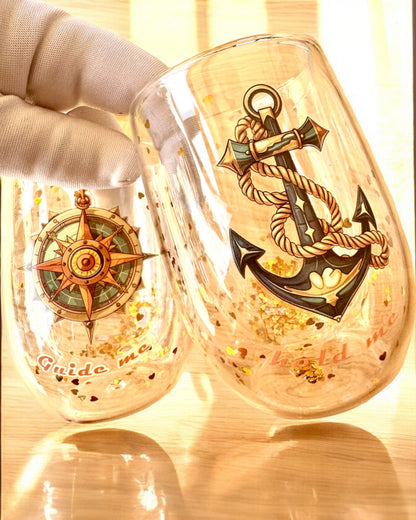 Szklanki "Nautical Dreams" med doble vegger og gullflak - sett med 2 stk., 300 ml kapasitet, mulighet for personlig gravering.
