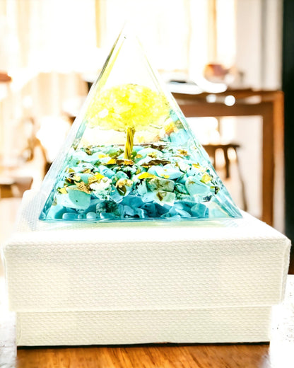Orgonittpyramide med Citrin og Turkis – Energigenerator for Chakra, Reiki-verktøy, Meditasjonsdekorasjon
