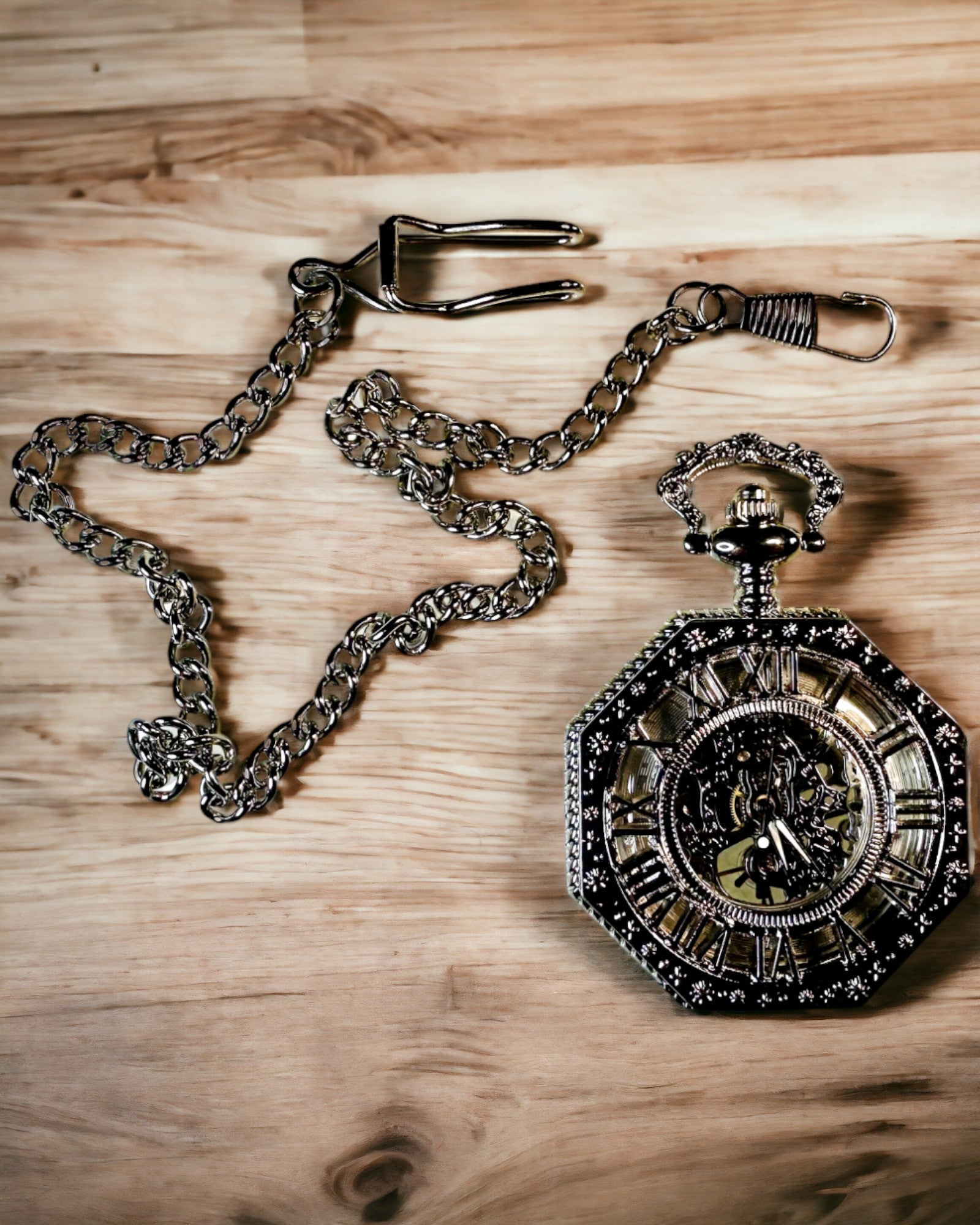 Klassisk i sølvfarge Åttekantet Mekanisk Lommeur med Åpen Urskive i Steampunk-stil