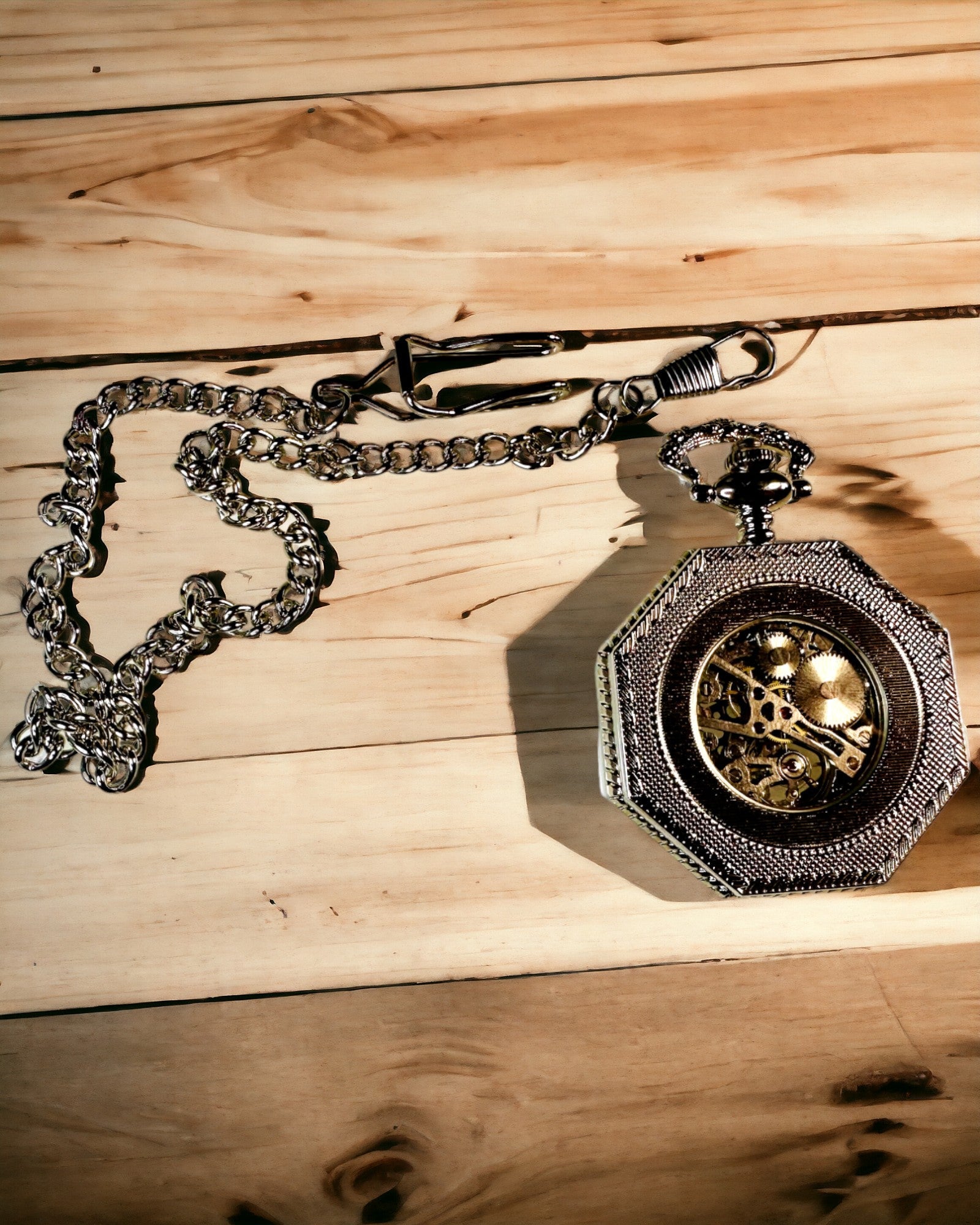 Klassisk i sølvfarge Åttekantet Mekanisk Lommeur med Åpen Urskive i Steampunk-stil