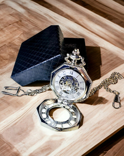 Klassisk i sølvfarge Åttekantet Mekanisk Lommeur med Åpen Urskive i Steampunk-stil