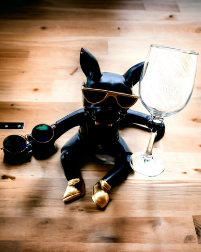 Eksklusiv figur "Stilig Bulldog", svart farge, stativ for vinglass eller champagneglass, personalisering med gravering