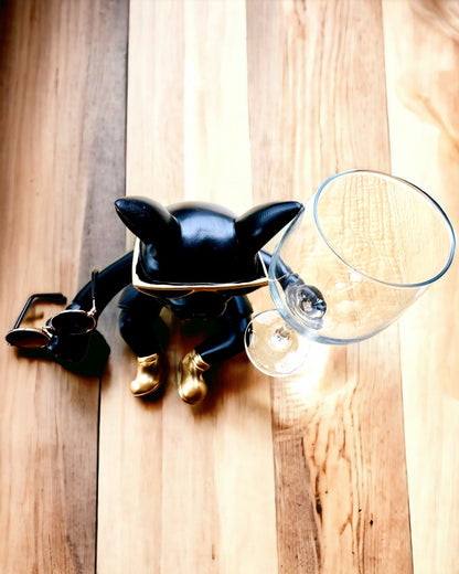 Eksklusiv figur "Stilig Bulldog", svart farge, stativ for vinglass eller champagneglass, personalisering med gravering