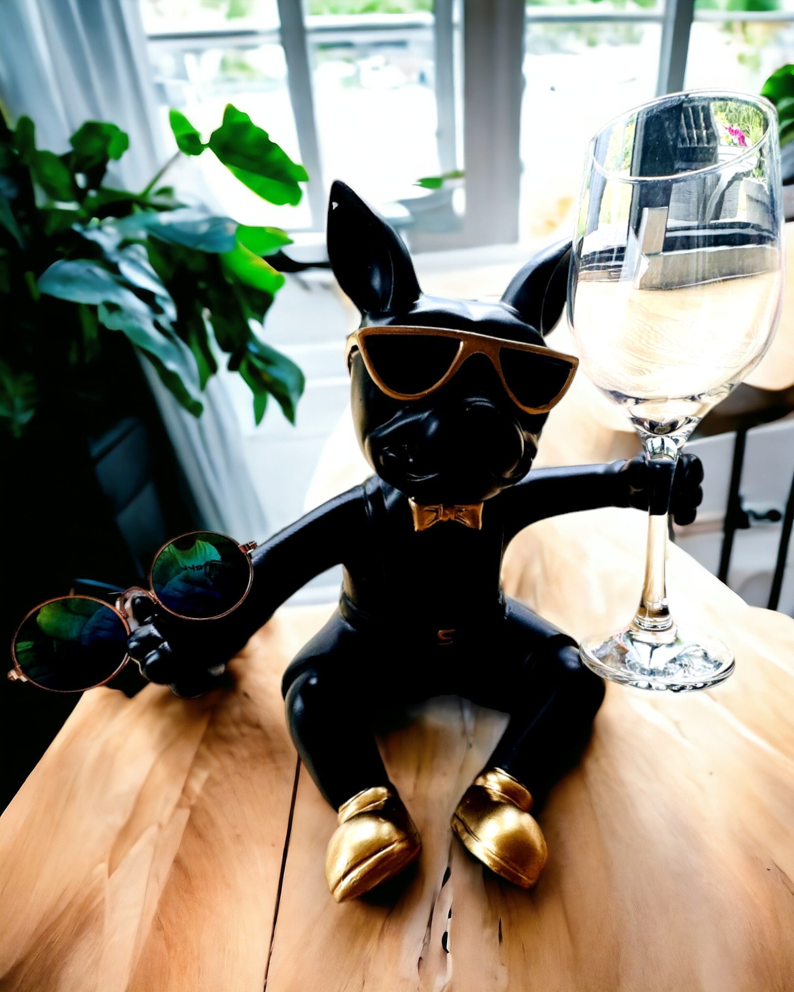 Eksklusiv figur "Stilig Bulldog", svart farge, stativ for vinglass eller champagneglass, personalisering med gravering