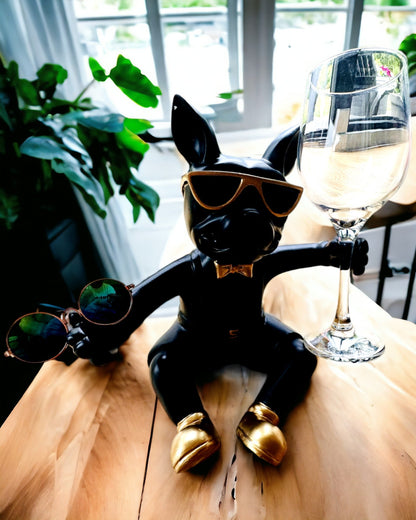 Eksklusiv figur "Stilig Bulldog", svart farge, stativ for vinglass eller champagneglass, personalisering med gravering