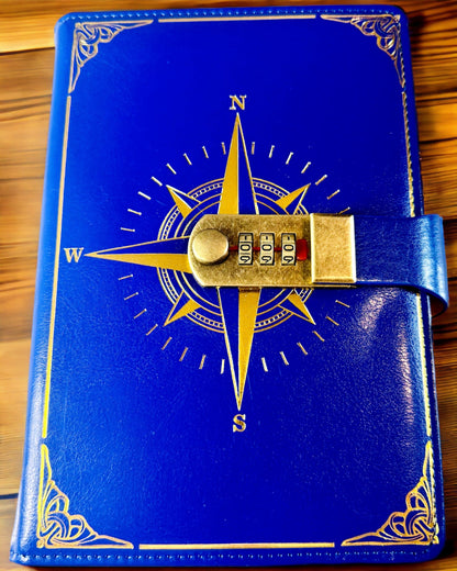 Premium Notatbok med Kodelås A5 - Vintage Stil med Kompass, Japansk Design, Papirvarer for Studenter og Forretning. Personalisering med Gravering