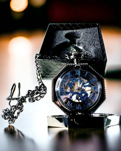 Klassisk Åttekantet Mekanisk Lommeur Steampunk i Svart, Gravering