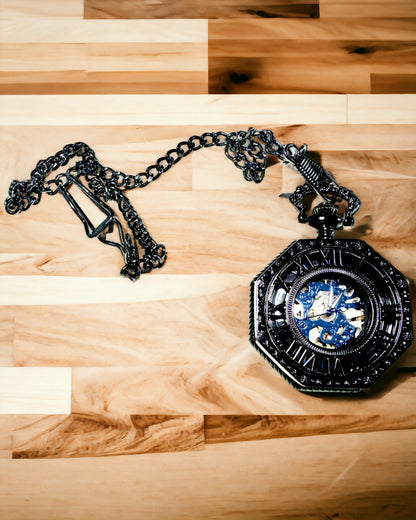 Klassisk Åttekantet Mekanisk Lommeur Steampunk i Svart, Gravering