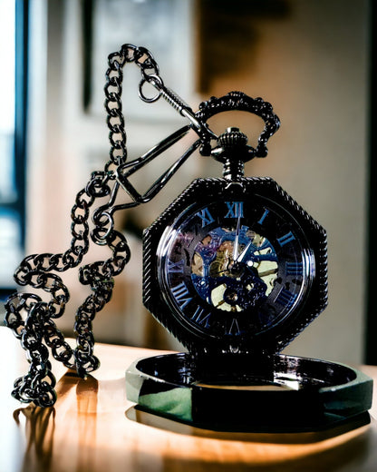 Klassisk Åttekantet Mekanisk Lommeur Steampunk i Svart, Gravering