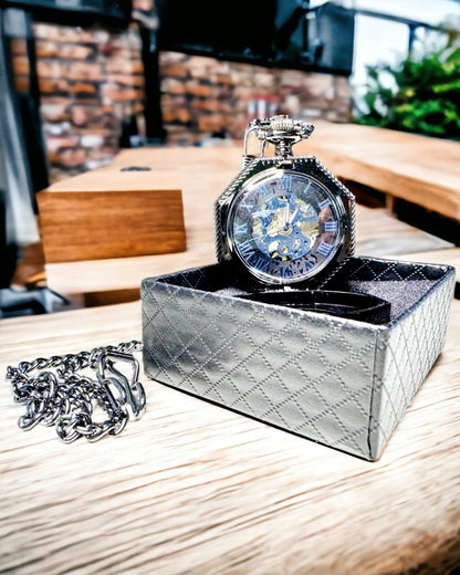Klassisk Åttekantet Mekanisk Lommeur Steampunk i Svart, Gravering