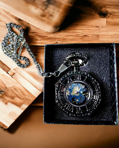 Klassisk Åttekantet Mekanisk Lommeur Steampunk i Svart, Gravering