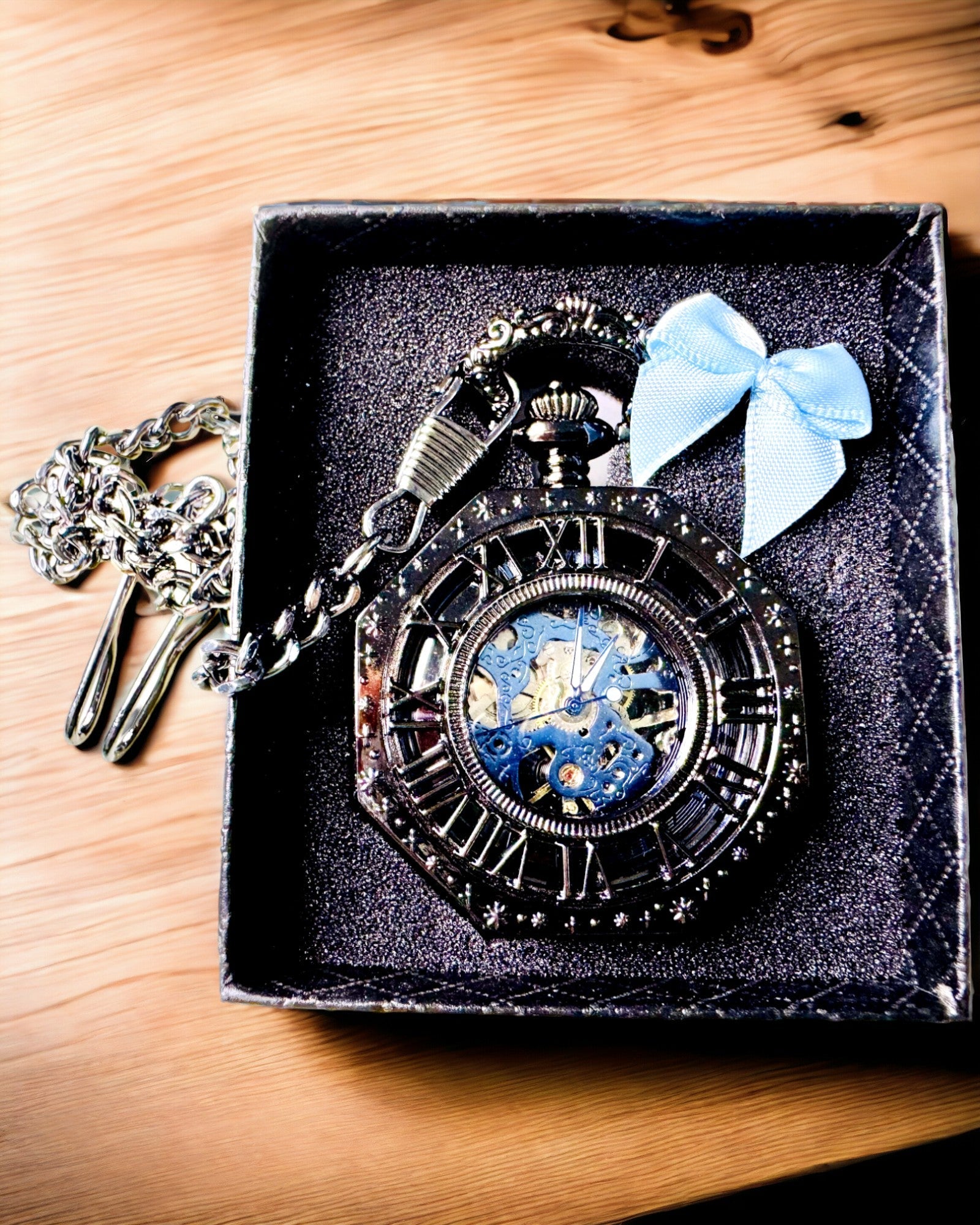 Klassisk Åttekantet Mekanisk Lommeur Steampunk i Svart, Gravering