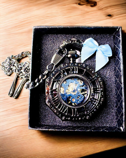 Klassisk Åttekantet Mekanisk Lommeur Steampunk i Svart, Gravering