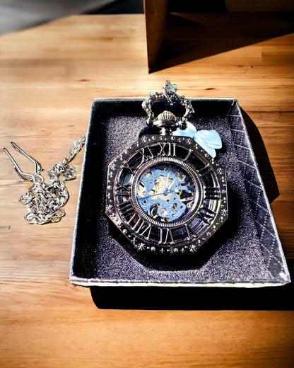 Klassisk Åttekantet Mekanisk Lommeur Steampunk i Svart, Gravering
