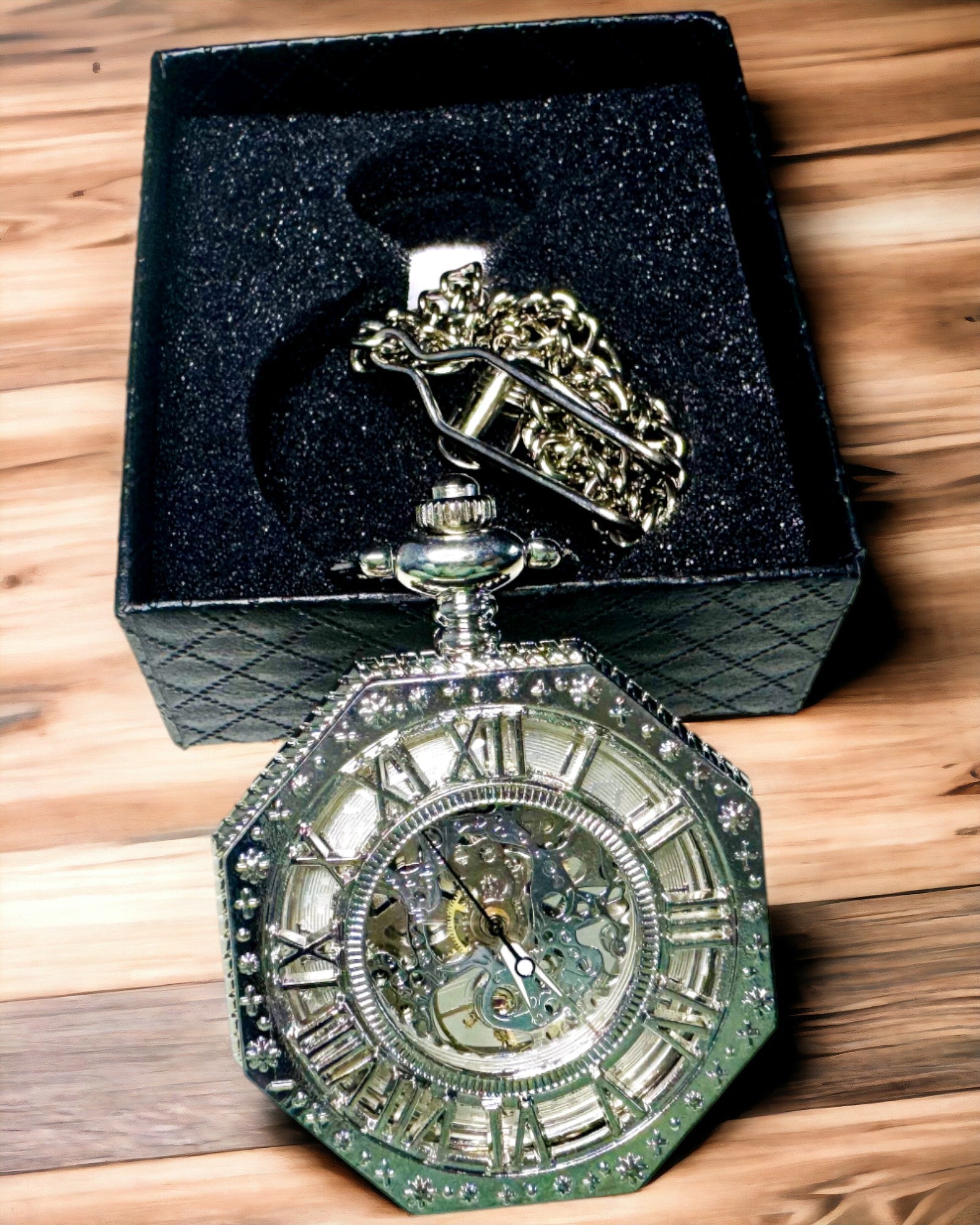 Klassisk i sølvfarge Åttekantet Mekanisk Lommeur med Åpen Urskive i Steampunk-stil
