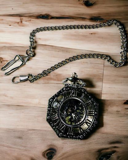 Klassisk i sølvfarge Åttekantet Mekanisk Lommeur med Åpen Urskive i Steampunk-stil