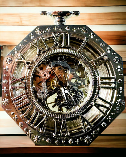 Klassisk i sølvfarge Åttekantet Mekanisk Lommeur med Åpen Urskive i Steampunk-stil