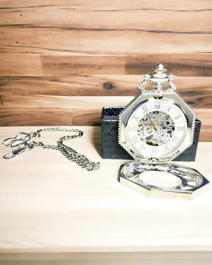 Klassisk i sølvfarge Åttekantet Mekanisk Lommeur med Åpen Urskive i Steampunk-stil